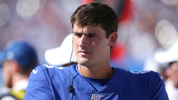 Sep 15, 2019; East Rutherford, NJ, USA; New York Giants quarterback Daniel Jones (8) reacts on the sidelines during the third quarter against the Buffalo Bills at MetLife Stadium.